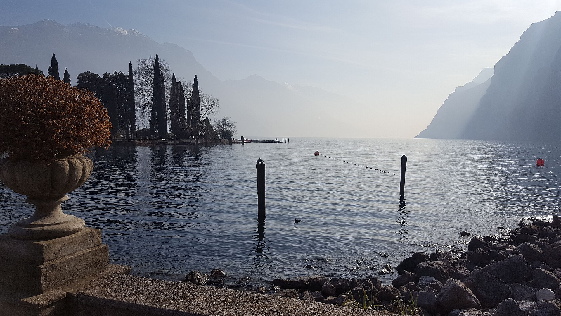 Riva del Lago di Garda con vaso in pietra, cipressi su un pennello e paletti in acqua.